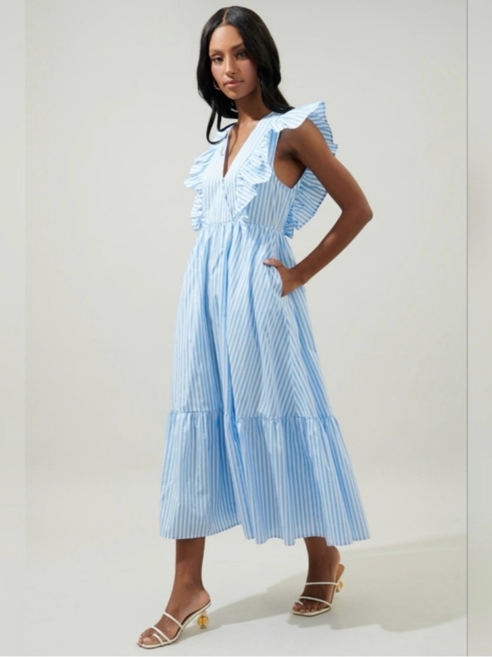 Sugarlips Light Blue Striped Ruffle Midi Dress
